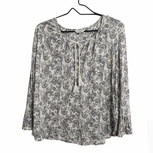 Lucky Brand white brown boho top shirt long sleeve loose fit eyelet hem tassel L